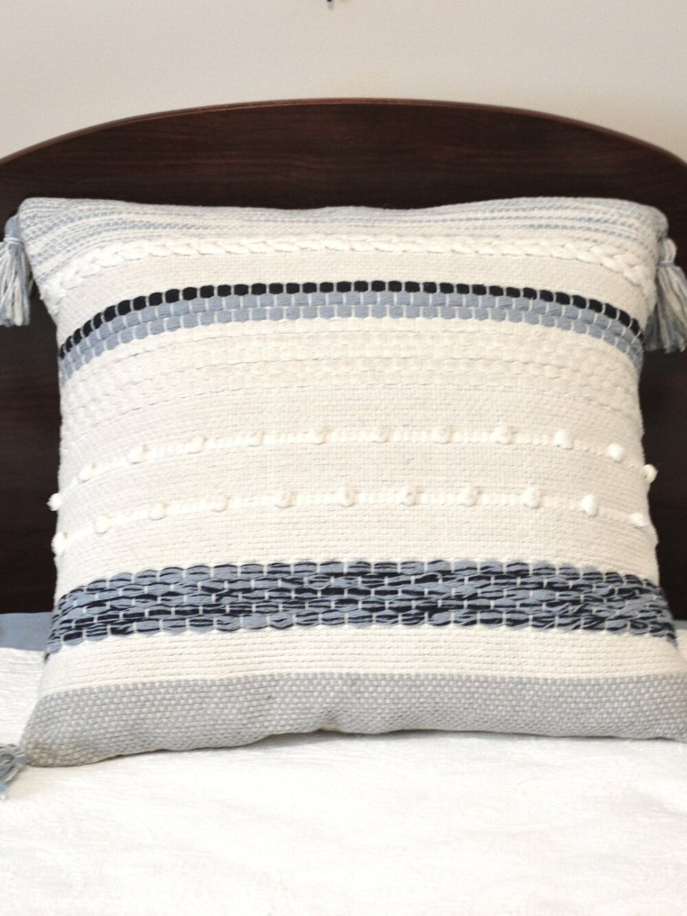 Decorative Throw Pillow Cover Blue & White Tassels Boho Coastal Style